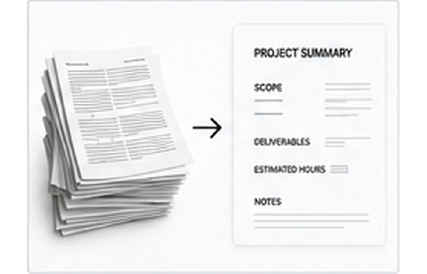 A stack of project documents being condensed into a structured project summary